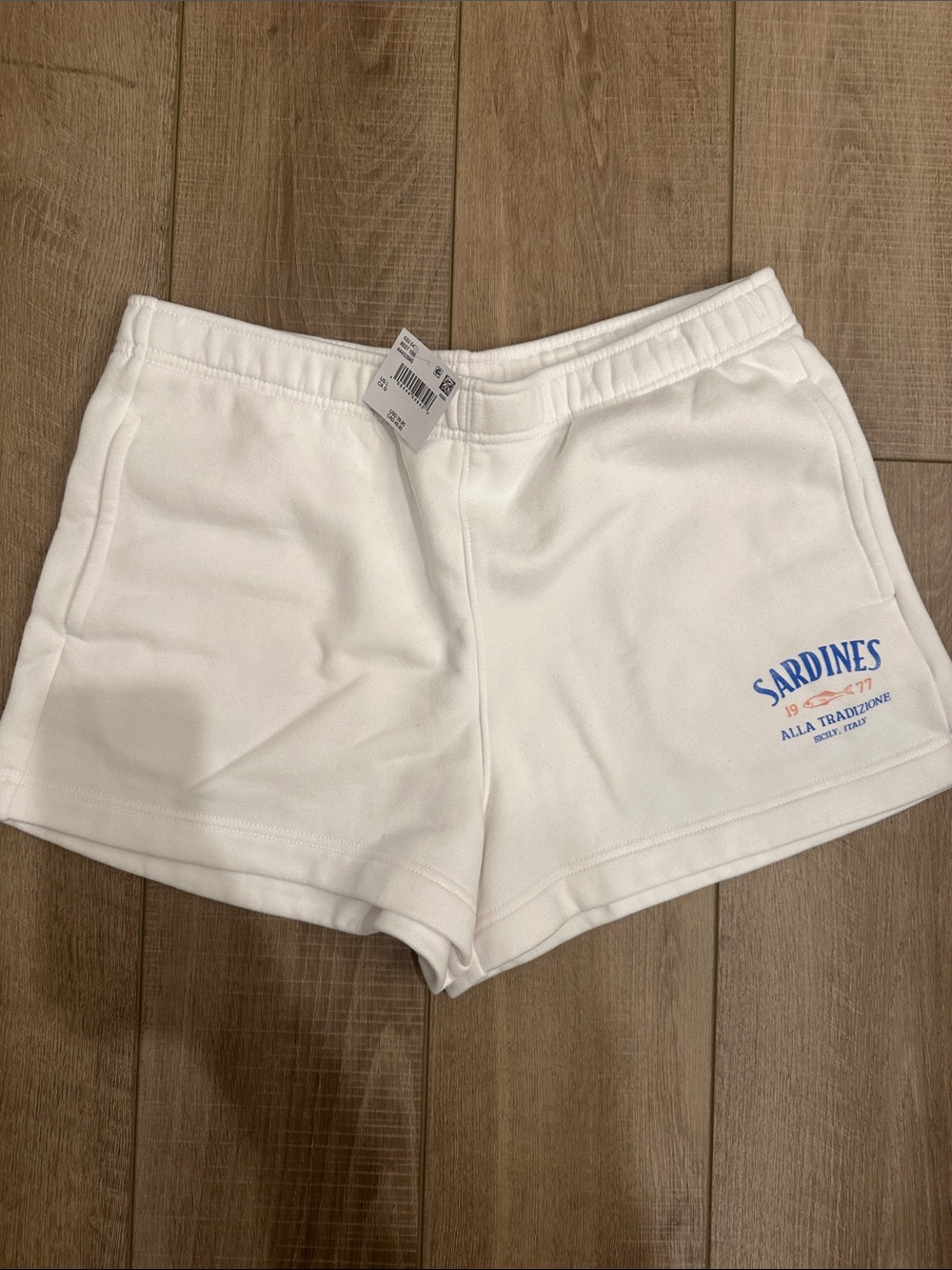 American Eagle Outfitters White Lounge Shorts with Blue Sardines Print